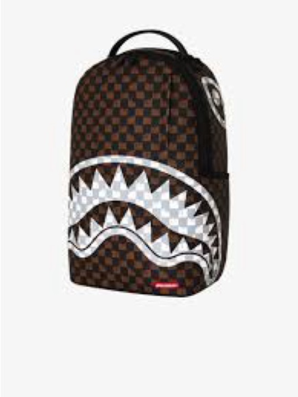 Sprayground Brown Checkerboard Backpack with White Shark Graphic